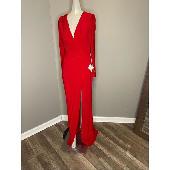 MAC DUGGAL JERSEY LONG SLEEVE ASYMMETRICAL RUCHED GOWN - Picture 5 of 11